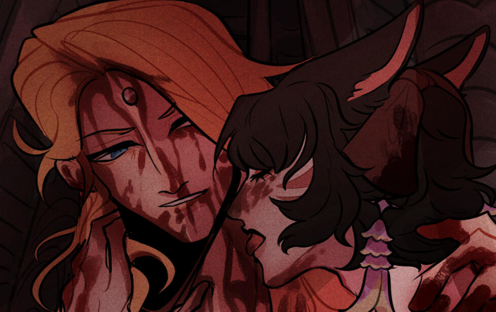 Blood Lust Character's Nene Takahashi and Zenos yae Galvus bloody. Nene is licking the blood off of Zenos' neck. Art by wack-flounder on Tumblr.